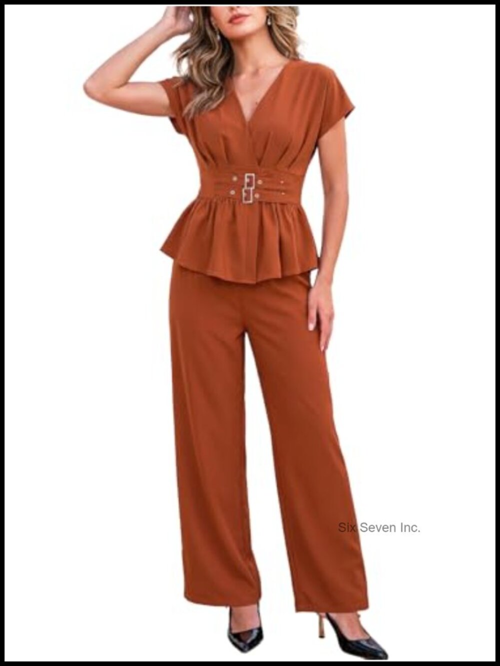 Women's 2 Piece Set V Neck Short Sleeve Top Straight Leg Pants Casual